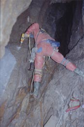 John Whittlesea placing a bolt at the top of Bosch Climb in H906 (Photo: David Milne)